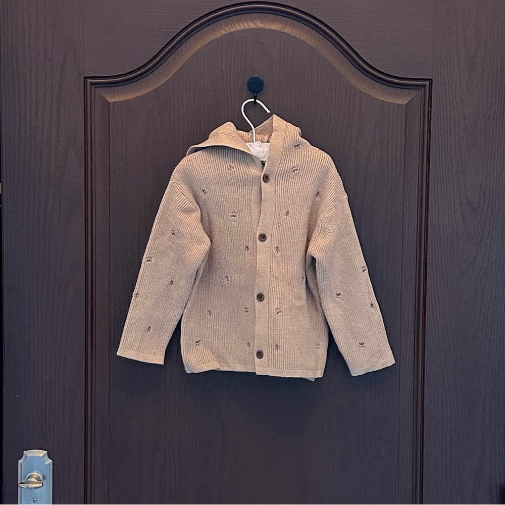 3/$25 Zara Kids Embroidered Hooded Cardigan Sweater 3 4Y Beige Knit Button Front